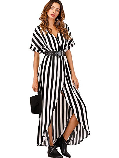 Romwe Women's Self Tie Striped Print Short Sleeve Front Maxi Shift Dress with Belt