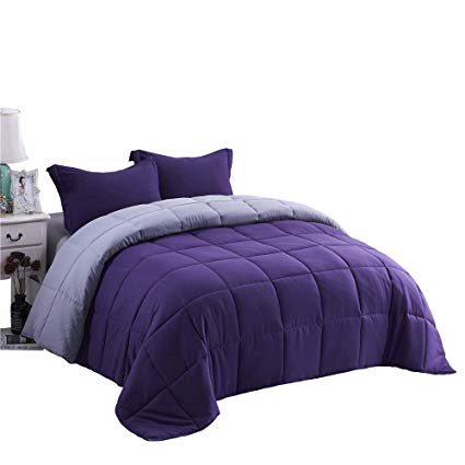 HIG 3pc Down Alternative Comforter Set- All Season Reversible Comforter with Two Shams -Quilted Duvet Insert with Corner Tabs-Box Stitched -Hypoallergenic, Soft, Fluffy (Full/Queen, Light/Med. Purple)