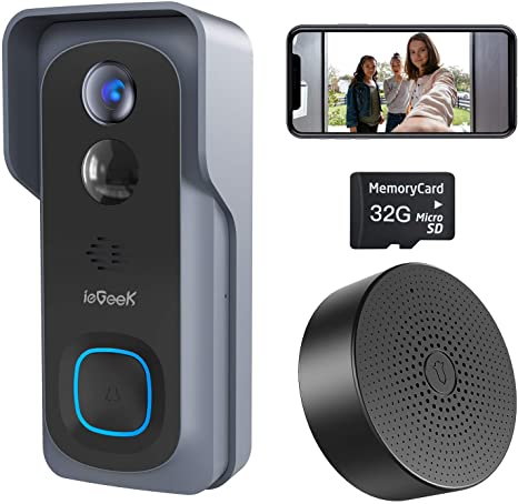 ieGeek WiFi Video Doorbell Camera, Wireless Smart Door Camera with Motion Detection, 32GB Pre-Installed, 6700mAh Battery, 2-Way Audio, IP66 Waterproof, Night Vision, USB Indoor Chime Included