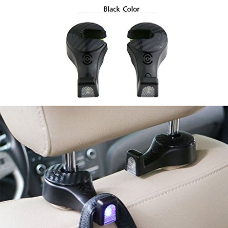E-MANIS Car Hooks with Flash Light Back Seat Headrest Hanger Holder Hook for Bag Purse Coat Grocery Black (2 pack)
