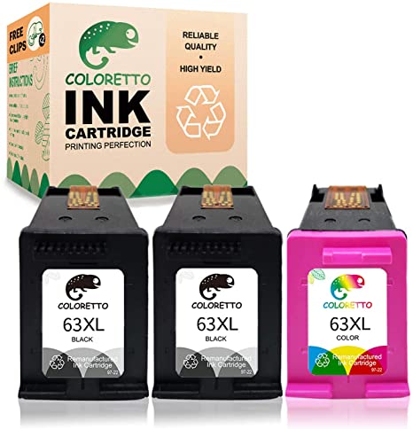 Coloretto Re-Manufactured Printer Ink Cartridge Replacement for HP 63 63XL 63 XL,Used in HP Envy 4520 4516 Officejet 5255 5258 4650 3833 5252 DeskJet 1112 3632 2130 3638 3639（2 Black 1 Tri-Color）