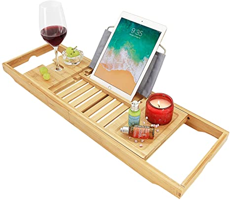 BonusAll Bathtub Caddy Tray Bamboo Adjustable Organizer Tray One Or Two Person Bath Tray Cellphone Tray and Wine Glass Holder