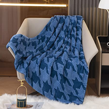 HT&PJ Sherpa Fleece Throw Blanket Houndstooth Fuzzy Soft Warm Thick for All Seasons Couch Bed Sofa(Classic Blue, Throw(50"X60"))