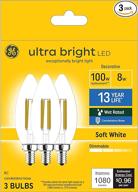 GE Ultra Bright LED Light Bulbs, 100W, Soft White Candle Lights, Clear Decorative B12 Light Bulbs (3 Pack)