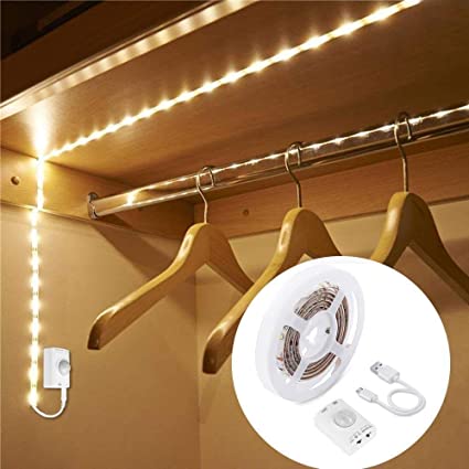 Rechargeable Closet Lights, KUCAM 1.5M LED Strip Lights, Motion Sensor Activated, PIR Auto on/Off, 3000K Warm White for Stairway, Under Cabinet, Cupboard, Room Bed Wake Up Night Lights (150cm)