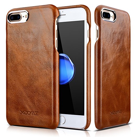 iPhone 7 Plus Leather Case, XOOMZ Vintage Series Genuine Leather Back Cover Snap Case with Business Style Gold-plating Design for Apple iPhone 7 Plus 5.5 Inch Ultra Slim Style (Dark Brown)
