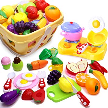 Airlab Cutting Play Food 32 Pieces Kitchen Pretend Playset Gifts for Kids Fruits Vegetables Come Apart by Velcro with Storage Basket, Educational Toys