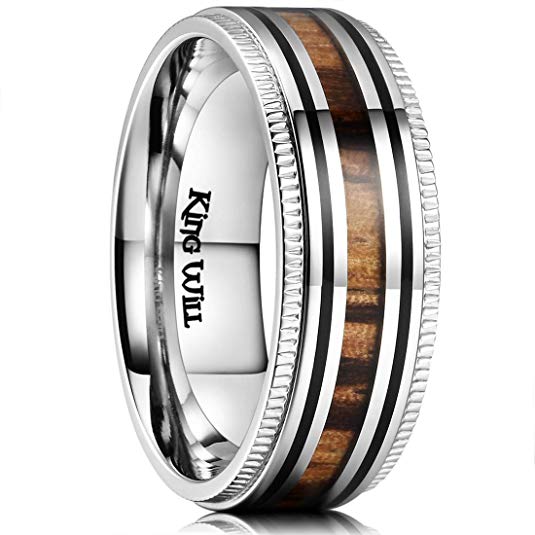 King Will Nature Mens 8mm Stainless Steel Wedding Ring Real Wood Inlay Sawtooth Edge High Polished