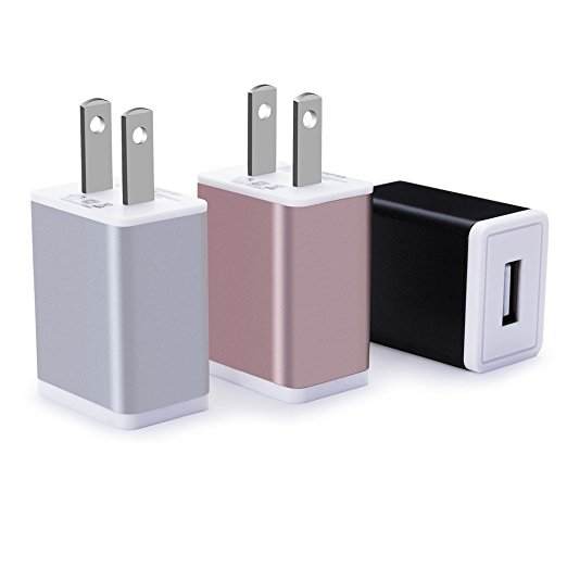 Wall Charger, Charger Cubes, Sicodo 3-Pack 1A USB Plug Home Travel Adapter Wall Charging Block for iPhone 8, 7 Plus, 6 Plus, 6s Plus, Tablet, Samsung Galaxy S8 Plus, S6 S7 Edge, HTC, Nokia, LG, Sony