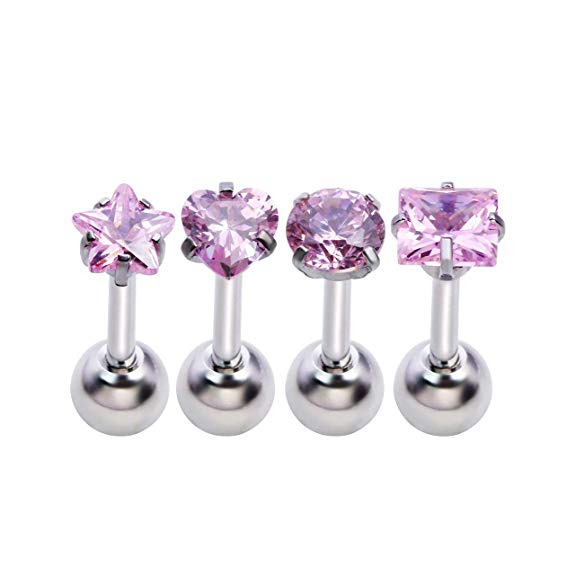 Zysta 2-4PCS Clear/Black / Azure/Pink / Red/Blue Cubic Zirconia Small Cute 16G Earring Studs Stainless Steel Post Back Ball Screw Nose Helix Cartilage Ear Lobe Piercing Jewelry