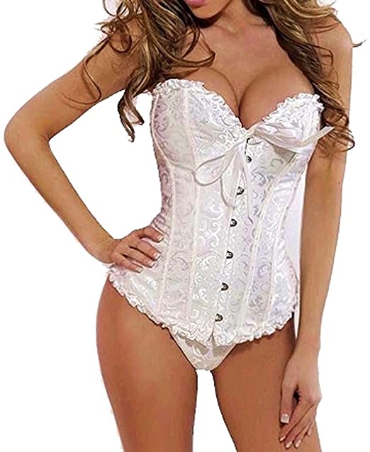 Spring Fever Womens Sexy Lace up Corset Satin Boned Bustier Overbust Bodyshaper Lingerie