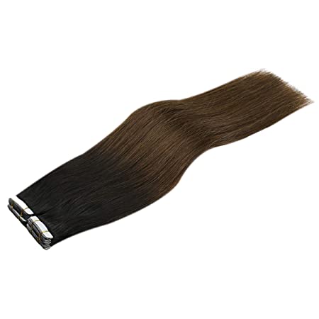 Sunny Human Hair Tape Hair Extensions 14 inch Ombre Color Off Black Fading to Dark Brown Seamless Glue in Real Hair Extensions Ombre Tape ins 20pc 50g/pack