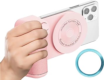 Auslese Magnetic Mobile Phone Camera Handle Holder with Bluetooth Photo Bracket Shutter Suitable for Vlog and Video Shooting (Pink, Without Wireless Charging)
