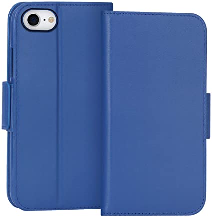 FYY Case for iPhone SE 2020, iPhone 7/8 4.7", Luxury [Cowhide Genuine Leather][RFID Blocking] Wallet Case Cover with [Kickstand Function] and[Card Slots] for iPhone SE 2020, iPhone 7/8 4.7" Blue