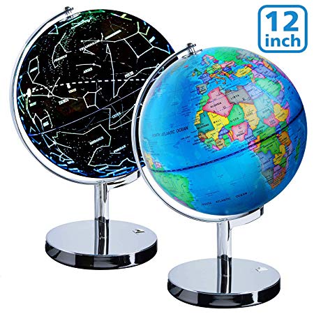 Illuminated Spinning World Globe for Kids, KingSo 12" Diameter 3 in 1 World Globe dispiay Nightlight, Earth Globe with Heavy Duty Stand for Kids|LED Night Light Lamp, Political Map and Constellation