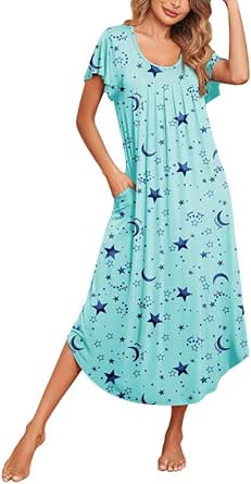 Ekouaer Women's Nightgowns Long Sleepshirt Short Flare Sleeve Sleepwear Soft Night Shirts with Pockets M-3XL