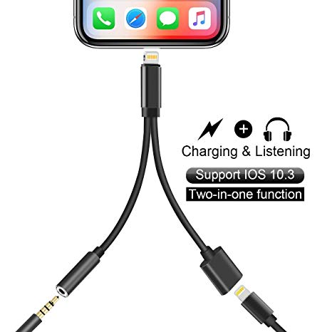 2 in 1 Lightning Adapter Compatible with iPhone Xs Max/XS/XR/X/6S/7/7 Plus/8/8 Plus, Compatible iPhone Adapter/Splitter, 2-Port Headphone Audio and Charger Adapter,Compatible iOS 10.3 or 12