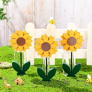 Amyhill 3 Pcs Summer Sunflower Wood Table Sign 7.1 Inch Sunflower Tabletop Home Decor Standing Rustic Wooden Yellow Sunflower Centerpieces for Tables Kitchen Farmhouse Decoration