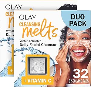 Olay Cleansing Melts   Vitamin C Face Cleanser, Water-Activated Face Wash Cleans, Tones, and Refreshes Skin, 64 Count Total (2 Packs of 32 Count)