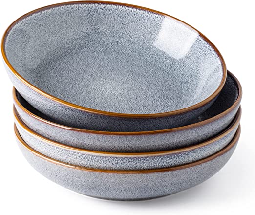 AmorArc 8.5'' Large Pasta Bowls, 36oz Ceramic Salad Serving Bowls Set of 4 for Kitchen, Wide Stoneware Bowls for Pasta,Salad,Fruit,Bread, Microwave Safe, Reactive Glaze-Blue