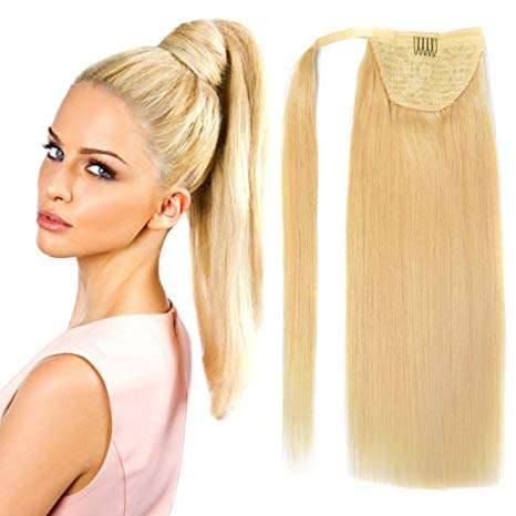 18" Straight Wrap Around Ponytail Human Hair extensions for Women 100gram Bleach Blonde #613