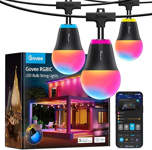 Govee Outdoor String Lights H1, 50ft RGBIC Outdoor Lights with 15 Dimmable Warm White LED Bulbs, Smart Outdoor String Lights with 60 Scene Mode, IP65 Waterproof, Work with Alexa for Halloween, Party