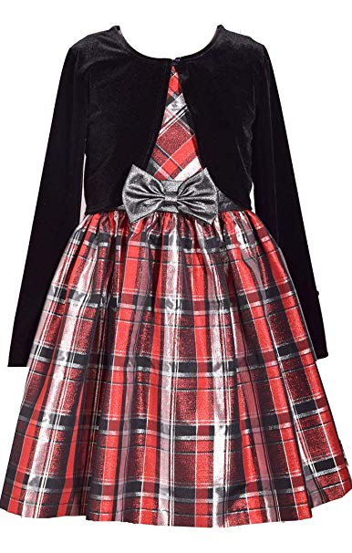 Bonnie Jean Big Girls 7-16 Black Long Sleeve Velvet Cardigan and Plaid Dress Set