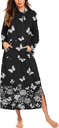 Ekouaer Sleepwear Women Long Sleeve Hooded Nightgown Contrast Color Full Length Loungewear with Pocket S-4XL