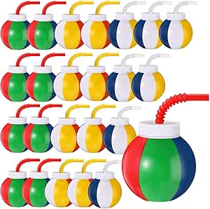 Amyhill 24 Set Beach Theme Party Supplies Beach Ball Favor Cups with Straws and Lids, 10 oz Plastic Swimming Pool Ball Cups Bulk for Kids Beach Birthday Theme Party Summer Pool Ball Party