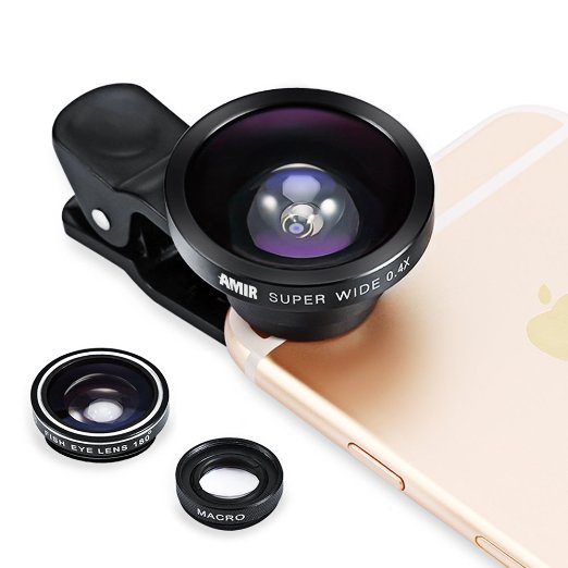 Amir® 3 in 1 Fisheye Lens Plus Macro Lens Plus 0.4x Super Wide Angle Lens, Clip on Cell Phone Lens Camera Lens Kits for Iphone 6s, 6, 5s, Galaxy & Most Smartphones