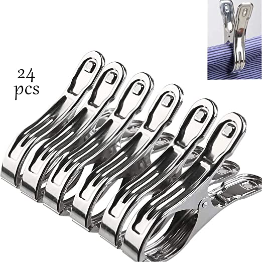 Stainless Steel Beach Towel Clips, 24 Pack Windproof Clips Clothes Pin Hanger Stainless Steel Beach Towel Pegs Laundry Hanging Clips Pegs Quilt Clothespins Peg Clamps for Towel Blanket Paper Files