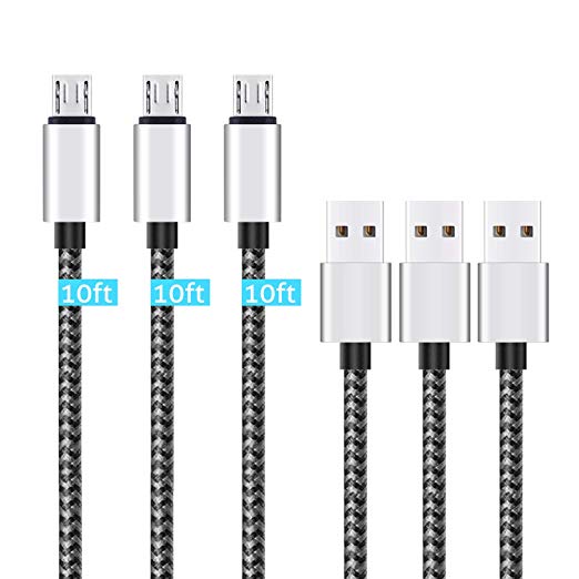 Micro USB Cable,[10ft3Pack] by Ailun,High Speed 2.0 USB A Male to Micro USB Sync & Charging Nylon Braided Cable for Android Smartphone Tablets Wall and Car Charger Connection [Silvergray]