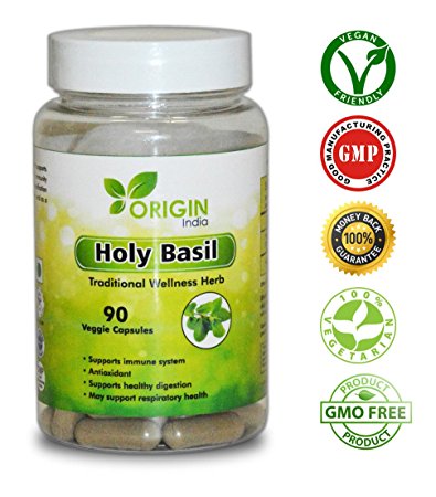 ORIGIN INDIA Holy Basil (Tulsi) Capsules, 90 Veggie 1000 Mg Pure holy basil Extract Capsules for natural stress relief
