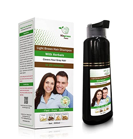 Biogreen Roots Shampoo 200ml - Light Brown Hair color Shampoo with herbals- Covers Gray Hair for Men and Women - Clinically Tested Light Brown hair Color Shampoo for All Hair Types -200ml with Herbals Ingredients Light Brown Hair Shampoo - 200ml