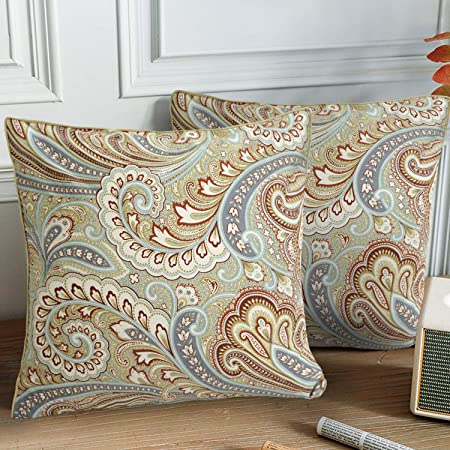 Softta Luxury Square Throw Pillowcover Colorful Paisley Khaki Bohemian Damask (2-Pack No Comforter No Filling) Decorative Pillowcases/Shams Home Soft (22x22 inch) Chic 100% Egyptian Cotton