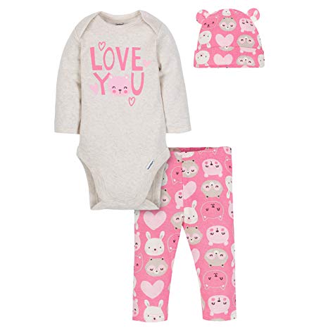 Gerber Baby Girls' 3-Piece Bodysuit, Pant and Cap Set