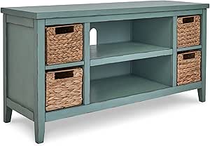 Signature Design by Ashley Mirimyn Casual TV Stand for TVs up to 54" with 4 Baskets and 3 Adjustable Shelves, Green & Light Brown