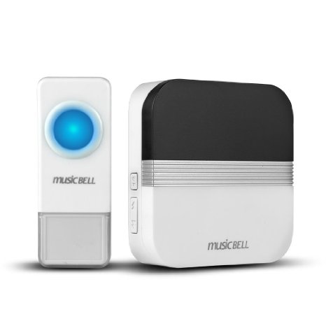 MusicBell Portable Wireless Doorbell Chime Kit Operating at Over 900 Feet Range 52 Selectable Melodies, No Batteries Required for Receiver (1 Push Remote Button and 1 Door Chime) - Black / White