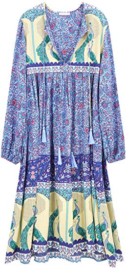 R.Vivimos Women's Long Sleeve Floral Print Retro V Neck Tassel Bohemian Midi Dresses