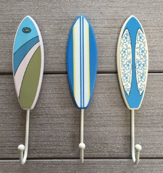 Tropical Surfboard Wall Hooks - Set of 3 - BlueGreenWhite Theme - 9 Tall By Tumbler Home
