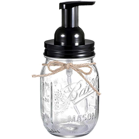 Andrew & Sarah Mason Jar Foaming Soap Dispenser - with 16 Ounce Ball Mason Jar for Bathroom Vanities,Kitchen Sink,Countertops - Made from Rust Proof Stainless Steel Lid and BPA Free Pump/Black,1 Pack