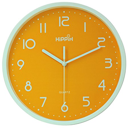 Hippih 10" Silent Non-ticking Quartz Digital Wall Clock with Glass Cover (Orange)