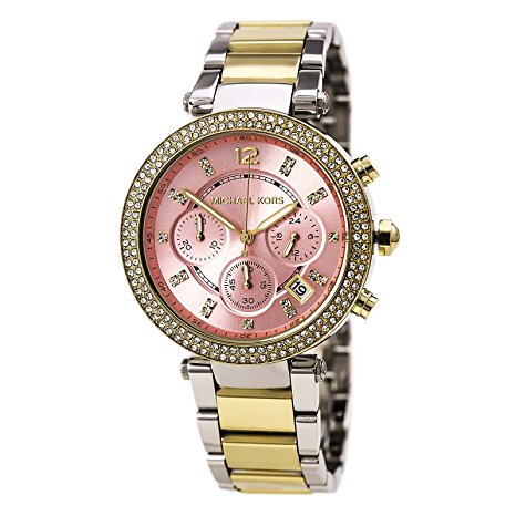 Michael Kors Parker Pink Dial Two Tone SS Quartz Chrono Ladies Watch MK6140