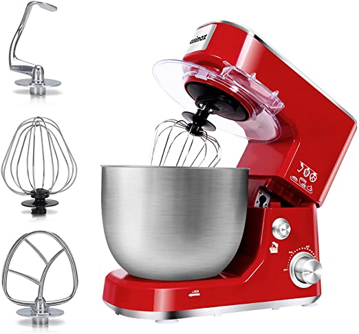 Stand Mixer, CUSIMAX Electric Mixer Tilt-Head Food Mixer with 5-Quart Stainless Steel Bowl, Dough Hook, Mixing Beater and Egg Whisk, Splash Guard, Red