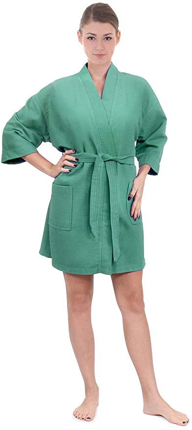 Women's Knee Length Waffle Weave Kimono Bathrobe, Short Spa Robes