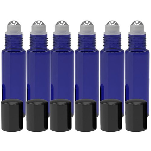 Glass Roll On Bottles With Metal Ball Best Quality [STAINLESS STEEL ROLLER] 10ml (1/3oz) Cobalt Blue Glass -For Aromatherapy, Essential Oils, Perfumes and Lip Balms Set of 6
