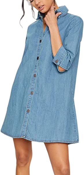 Eliacher Denim Shirt Dress Women 3/4 Sleeve Oversized Denim Button Up Shirt Mini Dress