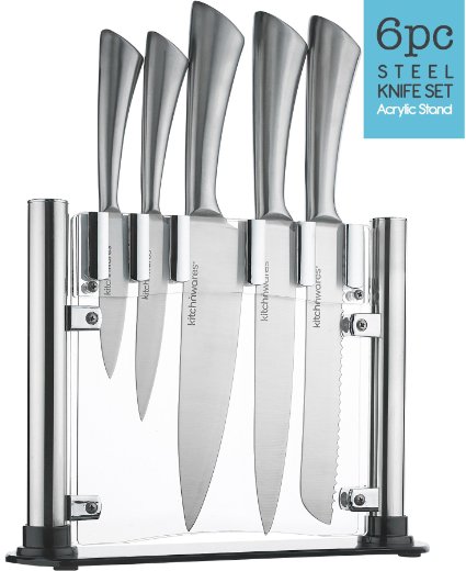 6 Piece Stainless Steel Knife Set With Acrylic Stand - Cutlery Set For Cutting & Carving Great for Use in Cooking at Home And Commercial Kitchen - By Kitch N' Wares