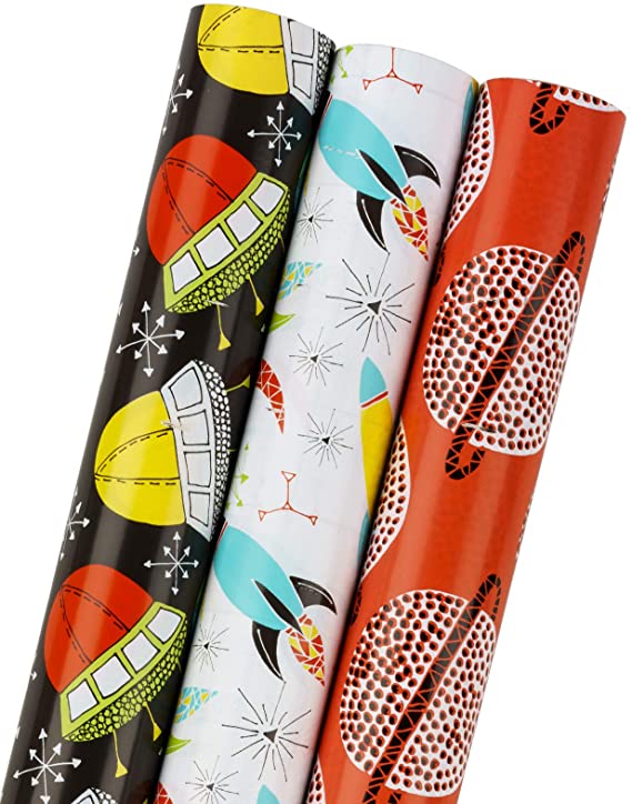 MAYPLUSS Wrapping Paper Roll - Mini Roll - 17.3 inch X 120 inch Per roll - 3 Different Spacecraft and Rocket Space Design (43.2 sq. ft.TTL.)
