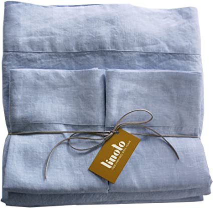 Linoto 100% Linen Sheets Bed Sheet Set-King Pale Blue-Made in USA in Continental USA-Deep Pocket